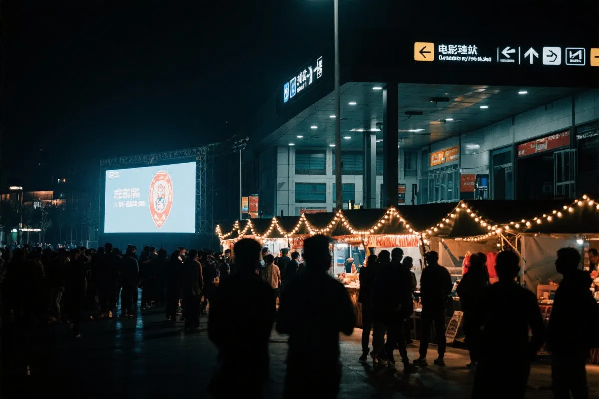 费城球迷广场夜景：大屏观赛人群、步行指示牌与公共交通入口